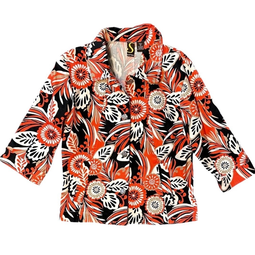 Sportelle Floral‎ Jacket Womes Red Black White Studded Grommet Bold Statement  M